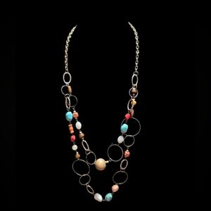 Rengineered multi-strand opera-length necklace with gold-tone and Colors 20